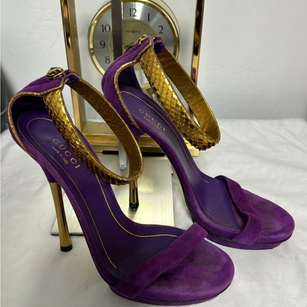 Gucci Vibrant Purple and Gold Strappy Heels